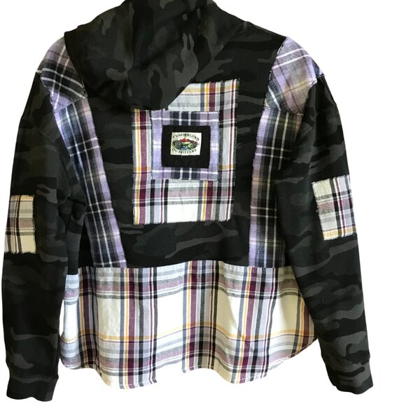 Patchwork Camo Hoodie, Size M-L: Upcycled Hipster Grunge Violet Plaid Sweatshirt - Picture 1 of 14